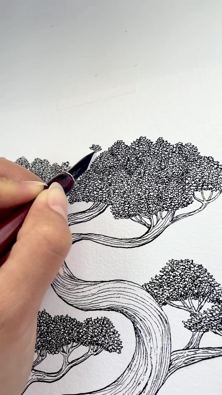 Black and white ink drawing of a bonsai tree using a dip pen | awesome artist doing satisfying craft, creative ideas that are at another level