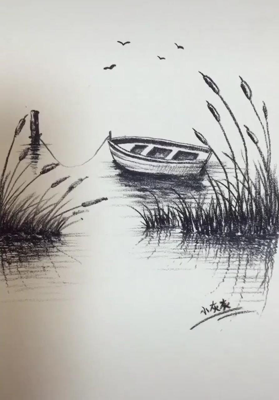Boat on the river draw | landscape pencil drawings