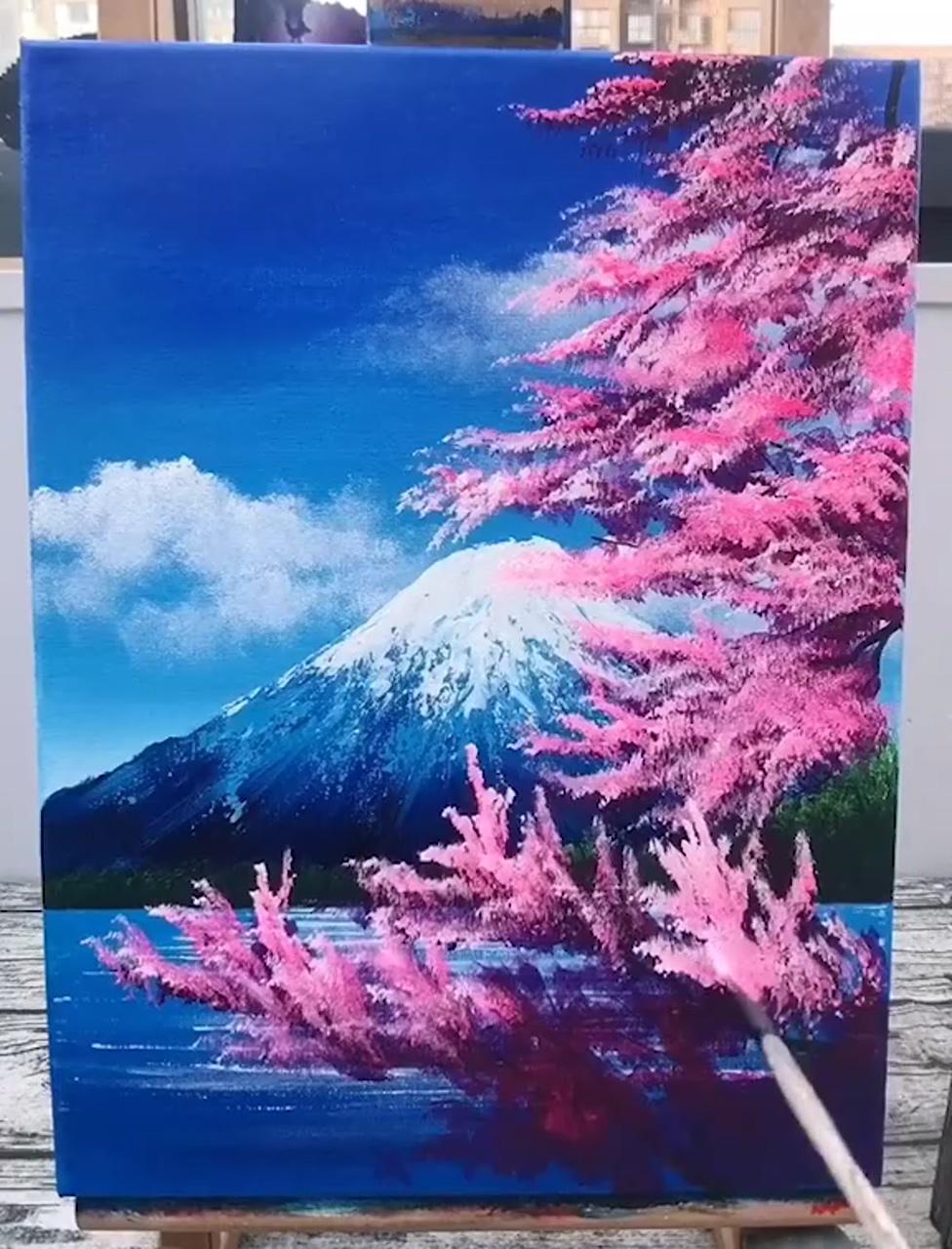Cherry blossoms in mt fuji landscape with acrylic painting; landscape art painting