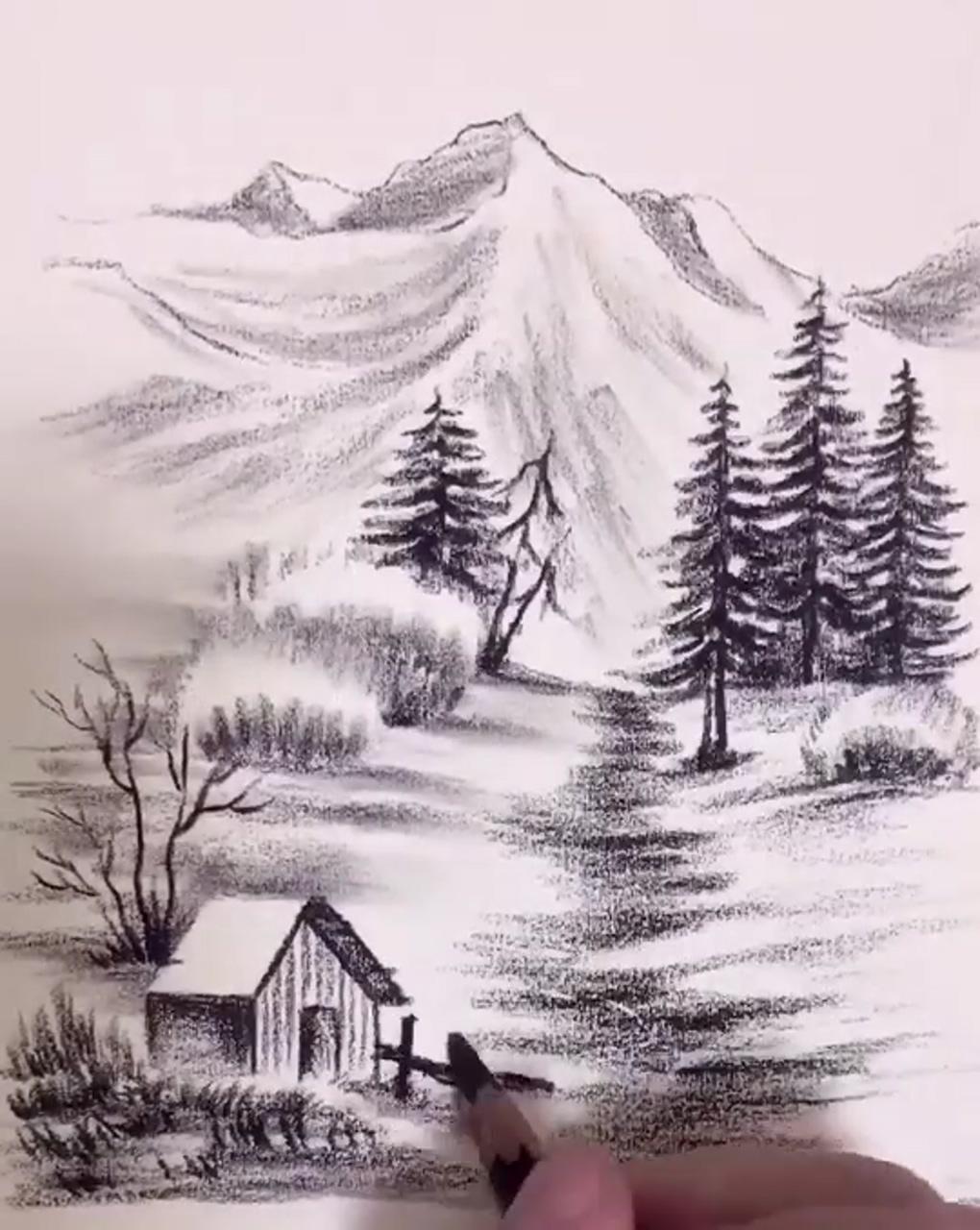 Countryside pencil art drawing; landscape pencil drawings