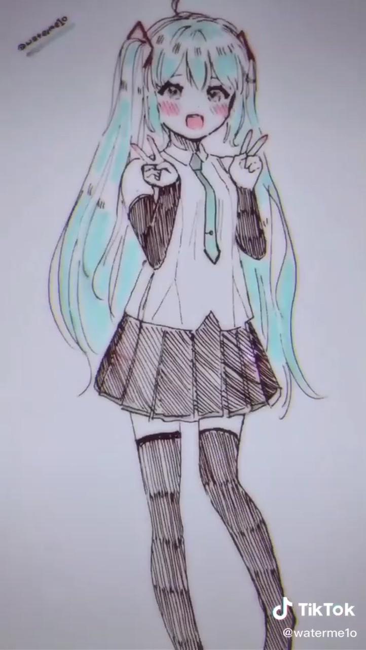 Drawing of miku hatsune, anime manga art girl | kawaii girl drawings