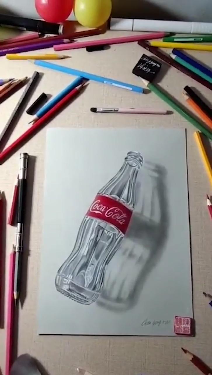 Drawing the bottle in 3d - cool optical illusion trick art | colored pencil artwork ideas