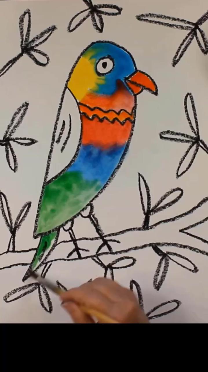 Easy art lesson for kids: how to draw and watercolor paint a tropical lorikeet bird from australia | drawing and painting a puppy dog for kids