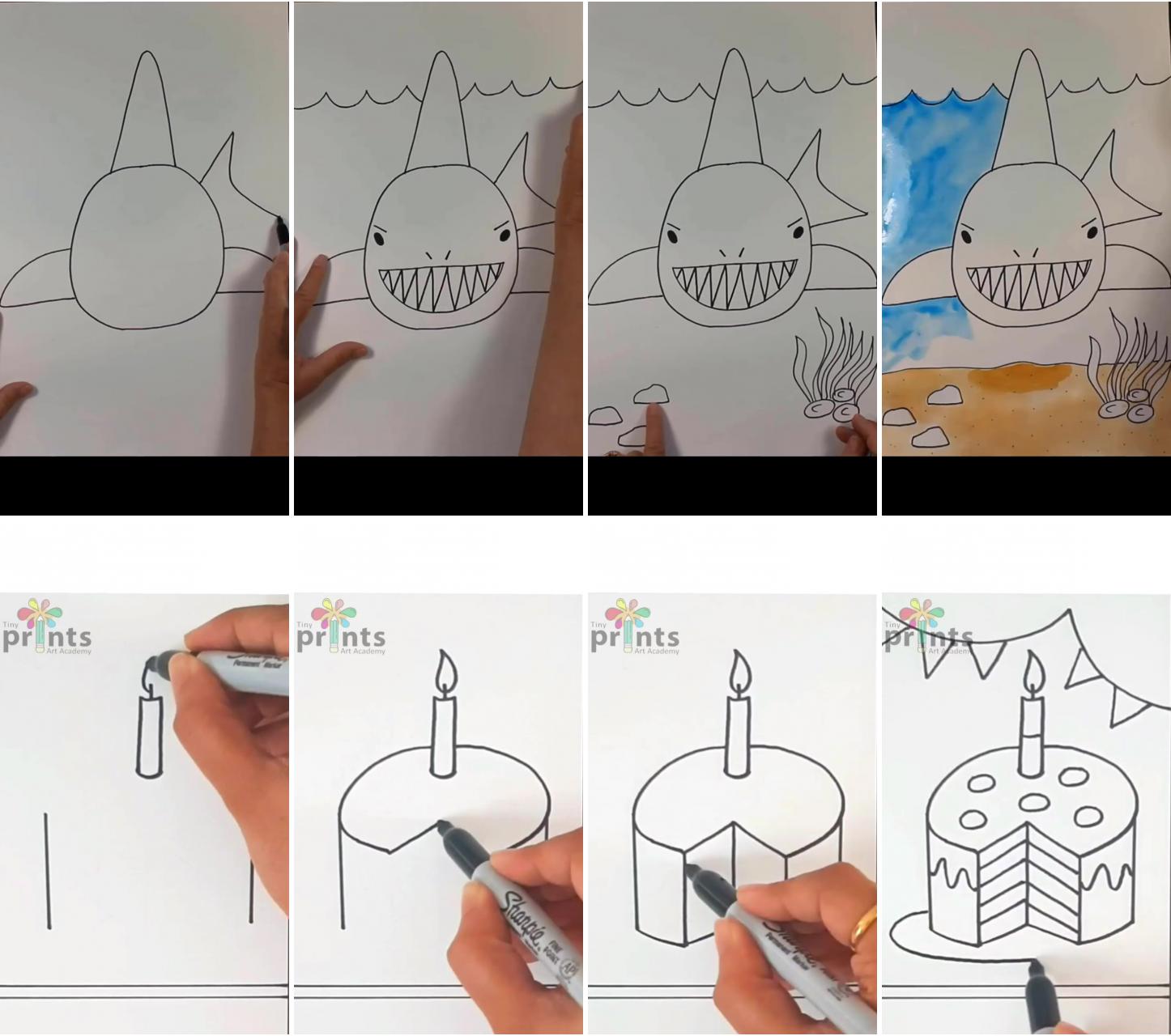 Easy art project for kids: draw & watercolor paint a stealthy shark crusin' along the ocean floor | how to draw cake for kids, easy cake drawing
