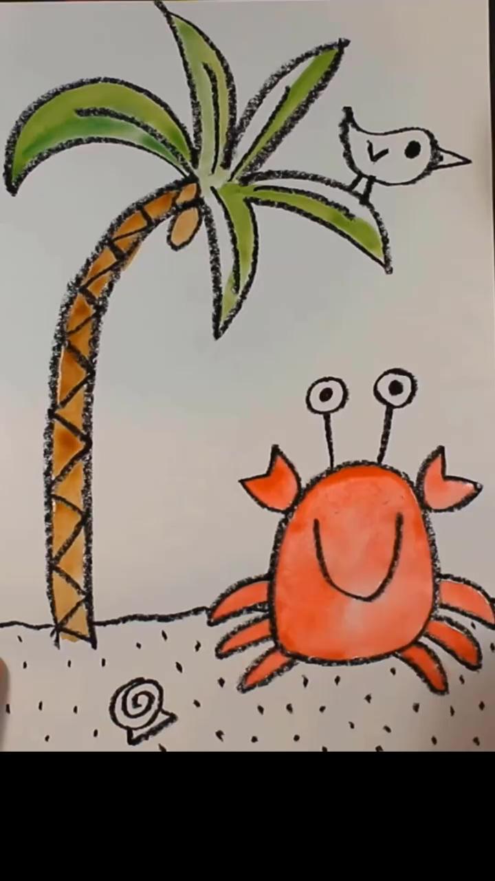 Easy video art project for kids: draw and watercolor paint a crab, palm tree, and bird on the beach | art project for kids and beginners: drawing and painting a gnome with a rainbow hat