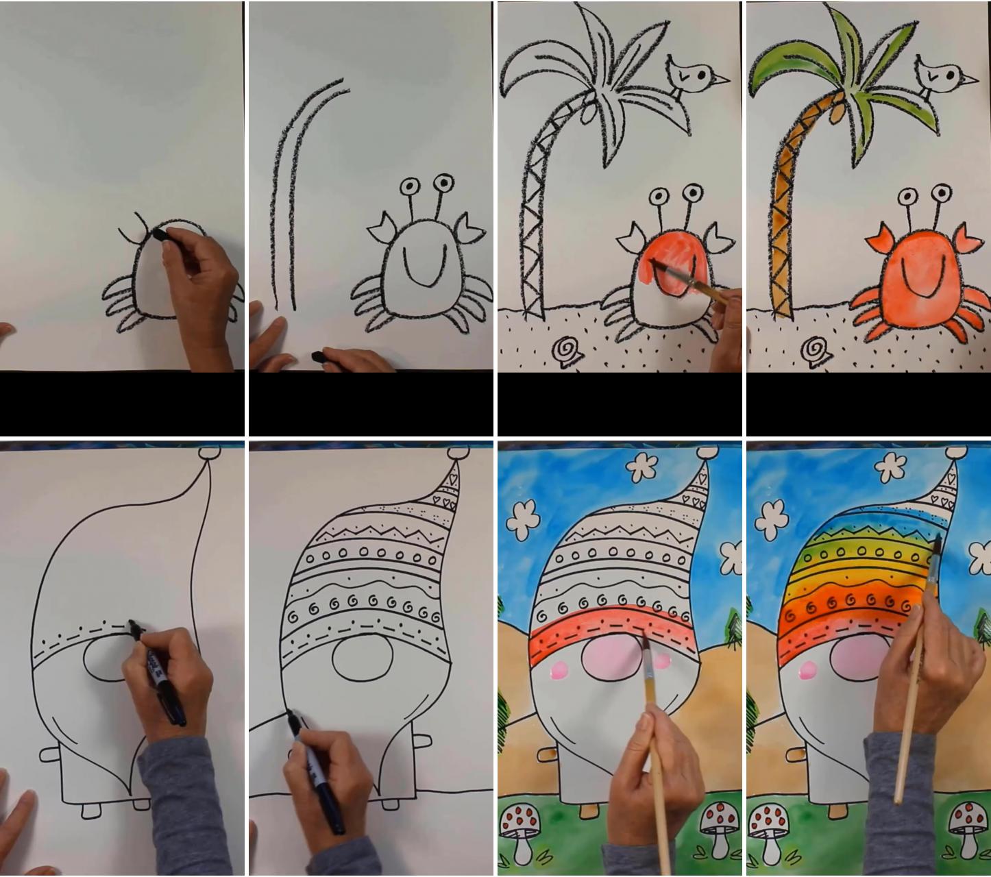 Easy video art project for kids: draw and watercolor paint a crab, palm tree, and bird on the beach | art project for kids and beginners: drawing and painting a gnome with a rainbow hat
