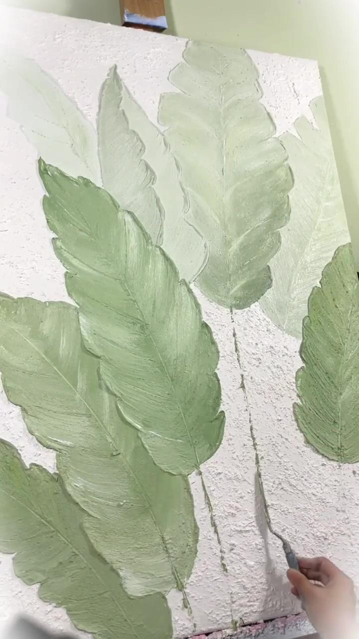 Green leaf painting green leaf canvas art wabi-sabi wall art textured art textured acrylic painting | texture painting techniques