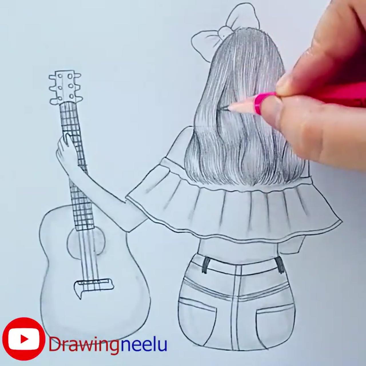 How to draw a girl with guitar- step by step beginner drawing, pencil drawing, easy simple drawing | pencil sketches of girls