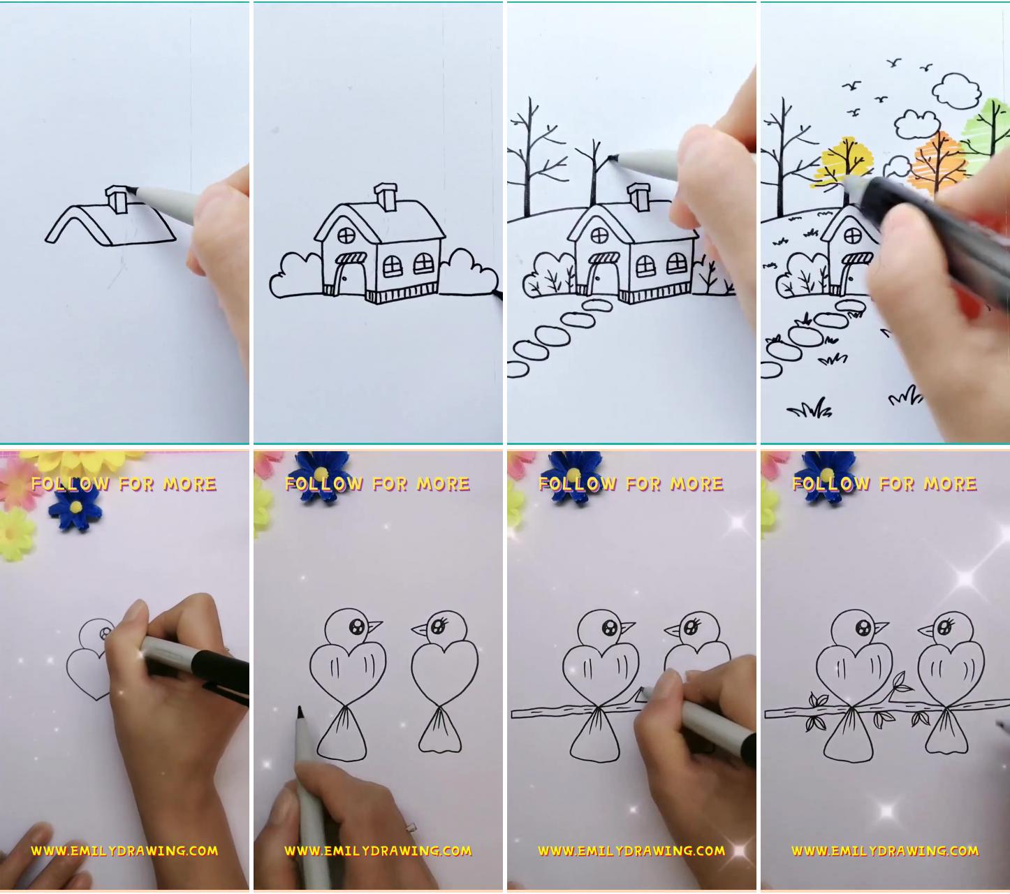 How to draw a house 10 minutes | how to draw bird step by step - learn how to draw
