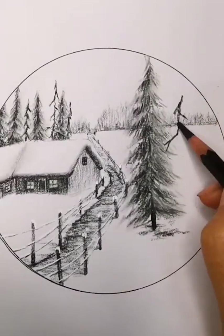How to draw awesome winter landscape with snow | landscape pencil drawings