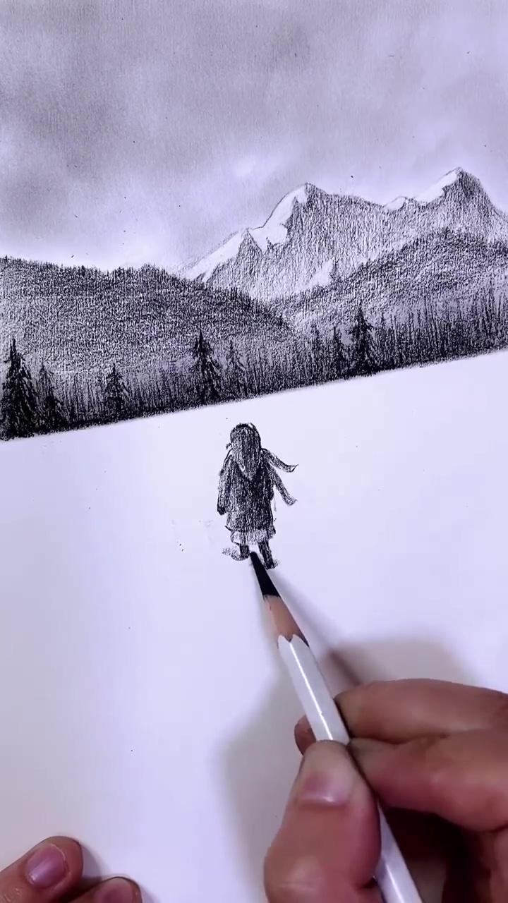 How to draw awesome winter landscape with snow | music drawing ideas easy - simple charcoal drawing idea