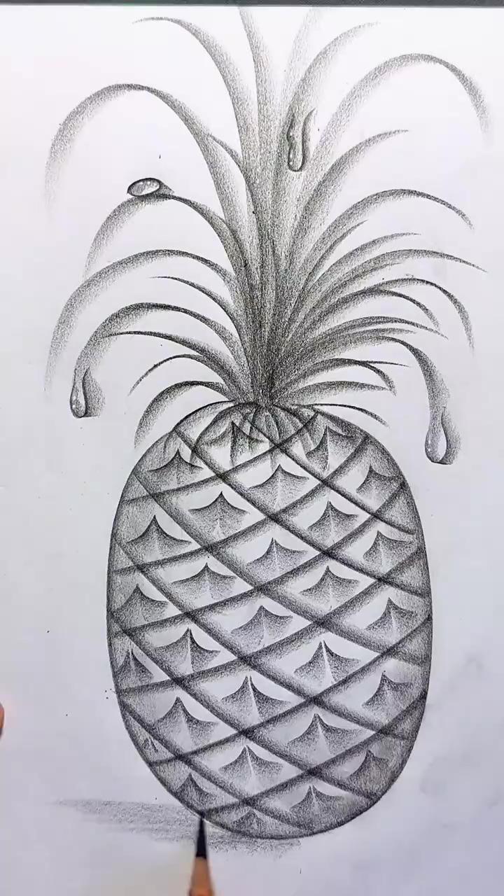 How to draw pineapple in charcoal pencil, pencil drawing tutorial | fruit art drawings