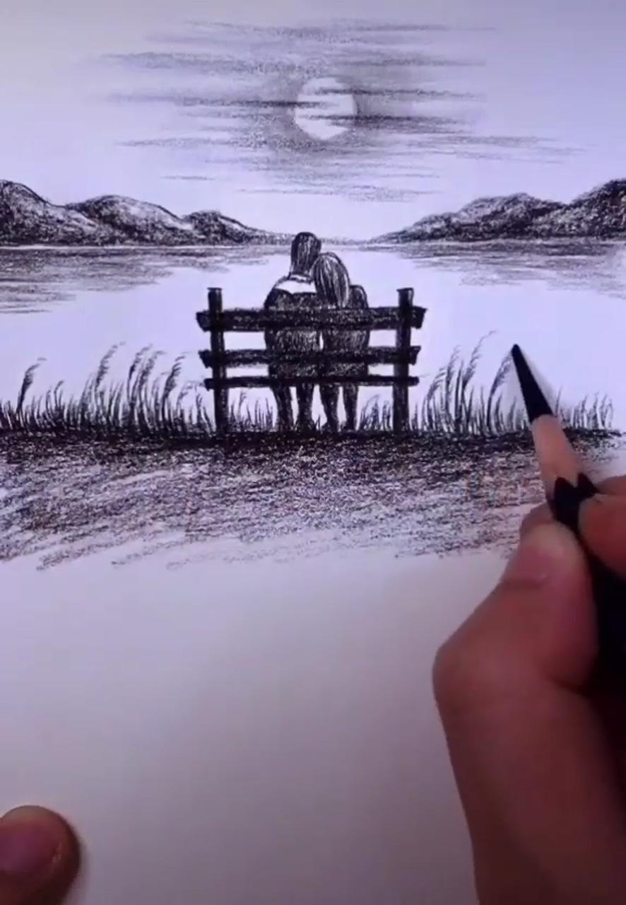 How to draw romantic couple with pencil; landscape pencil drawings