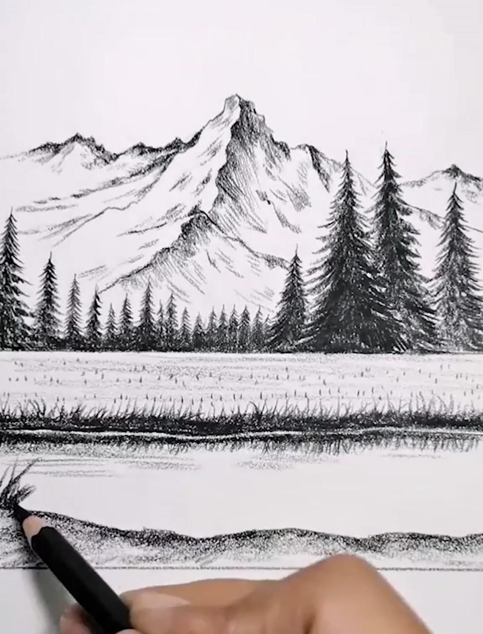 Let's draw snow-covered mountains | landscape pencil drawings