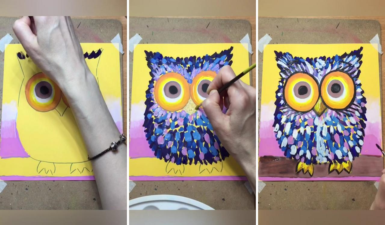 Owl drawing in gouache | kids art class