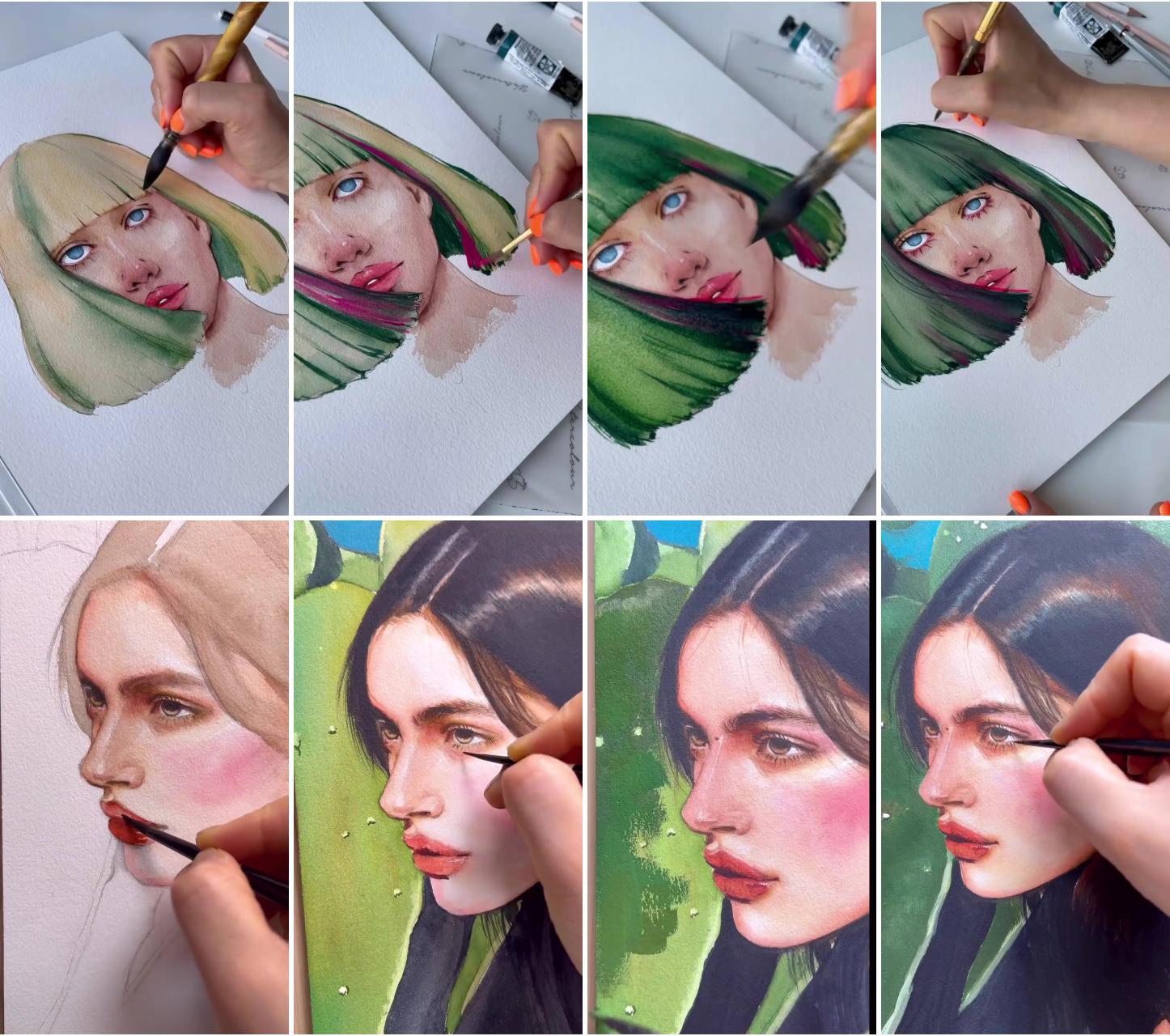 Painting drawing woman face portrait watercolor art | gouache painting