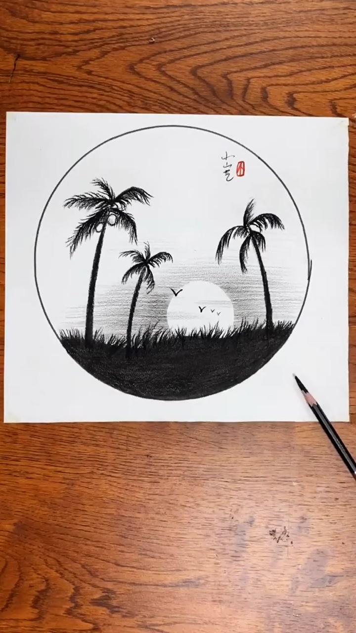 Palm trees sundown art | landscape pencil drawings