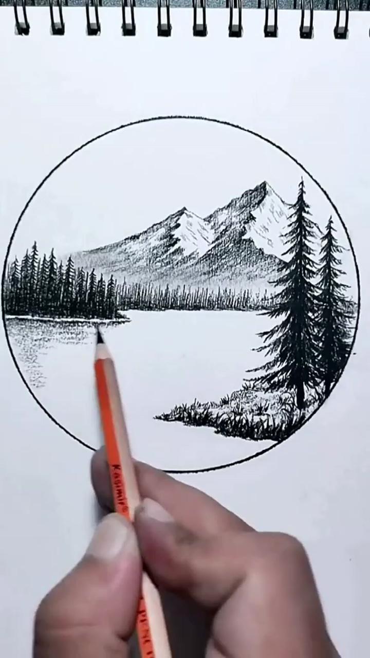 Pencil drawing of mountain and tree | graph paper drawings