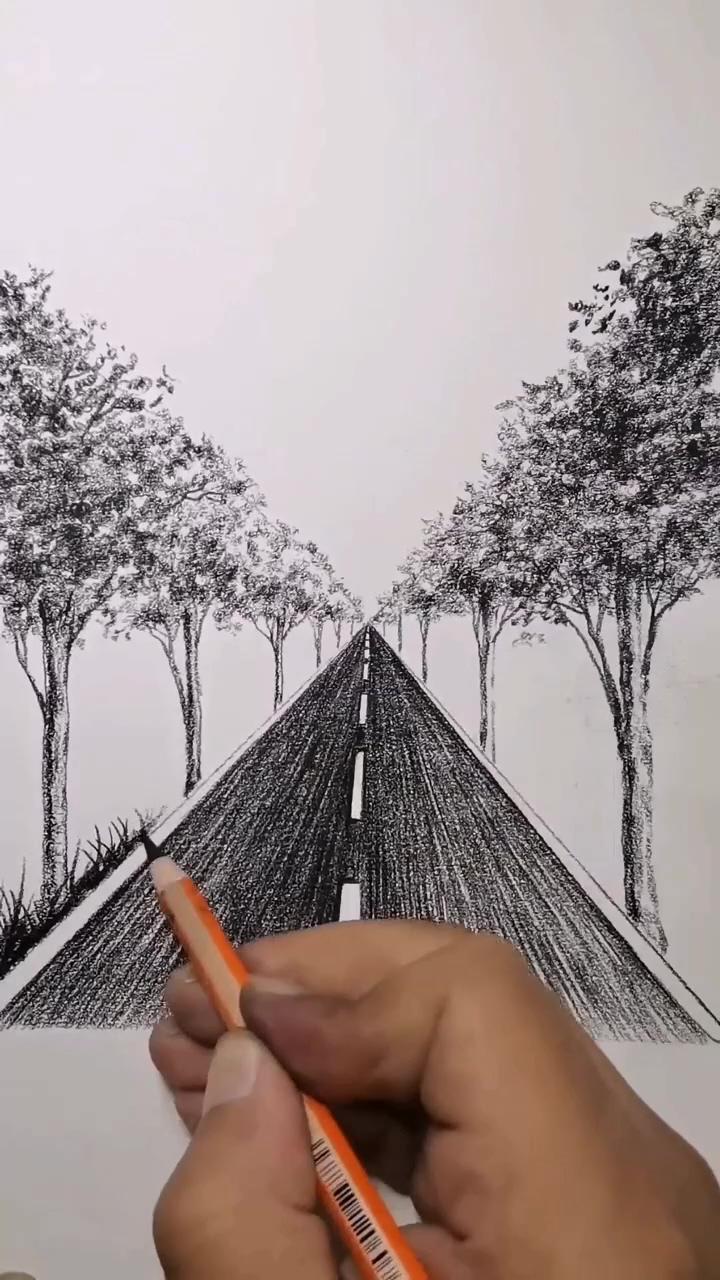 Pencil the road | learn it at a glance, draw a simple monochromatic painting