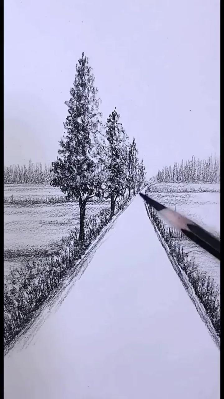 Rural road pencil drawing; art drawings sketches pencil