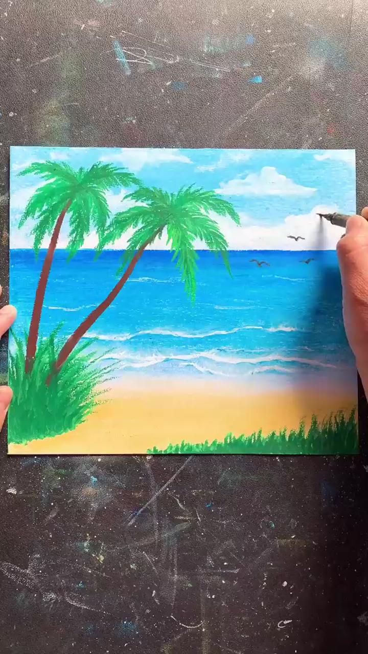 Sea easy pastel oil drawing | how to draw #vetranh #birds #trending #nduy8896 #art #drawing #xuhuong2022 #trees #artist