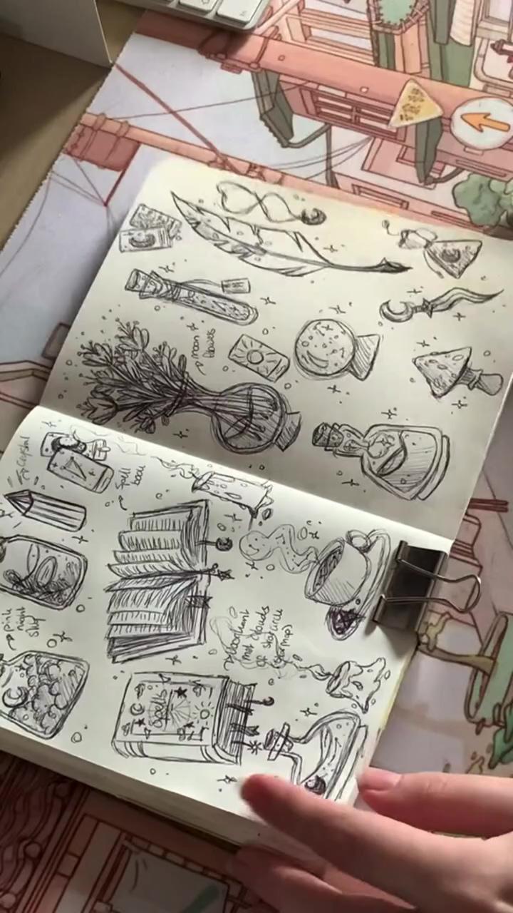 Sketching in sketchbook, sketch with me, sketchbook spread, magical illustration, drawing with pen | artist: daria callie. painting supplies in bio
