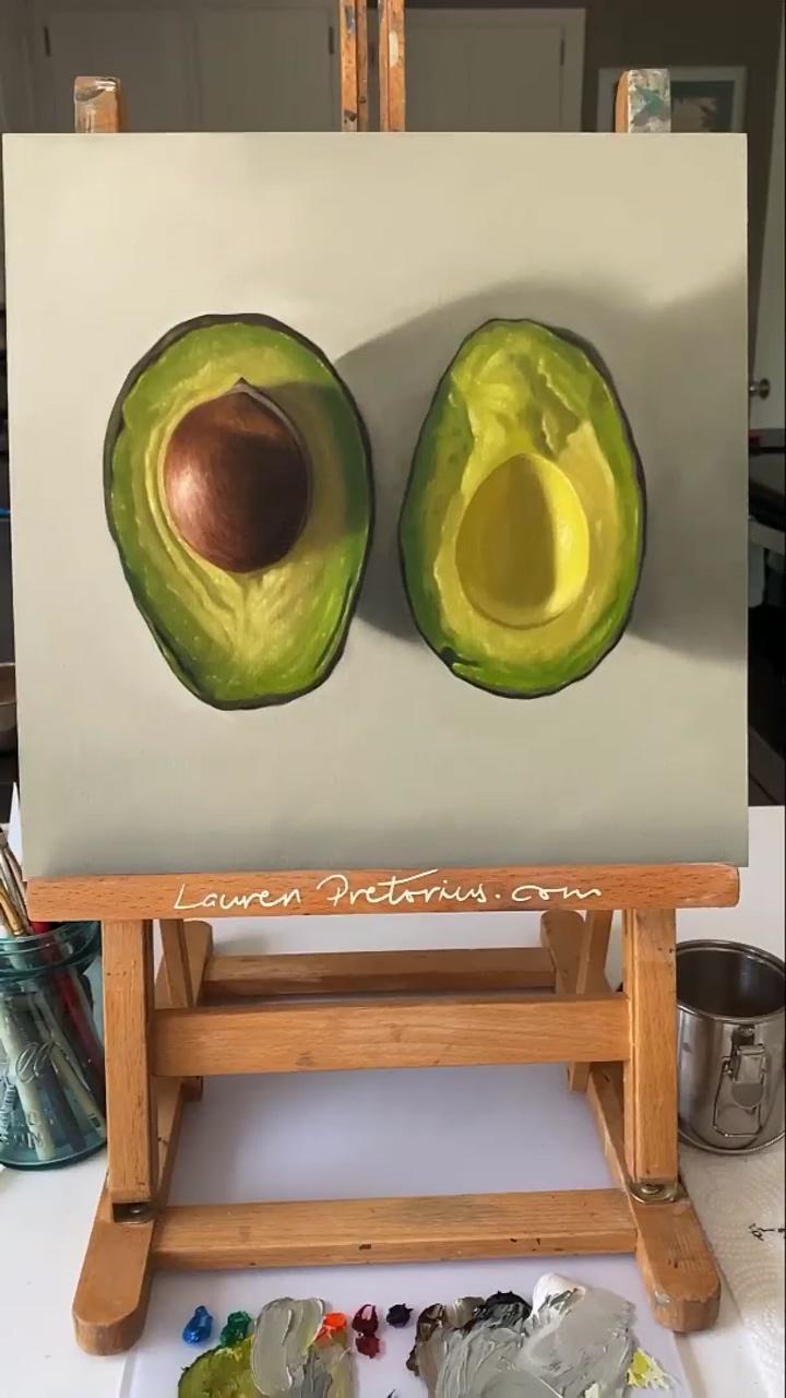 Sliced avocado 12" x 12" oil on cradled panel | beetle & flowers wip, watercolor painting process