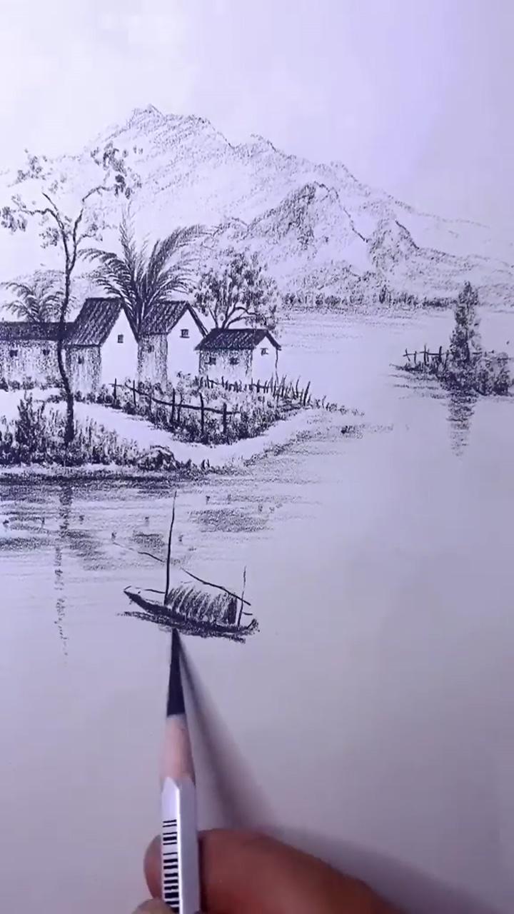 Small village near mountain drawing | learn to draw even better this year, click here