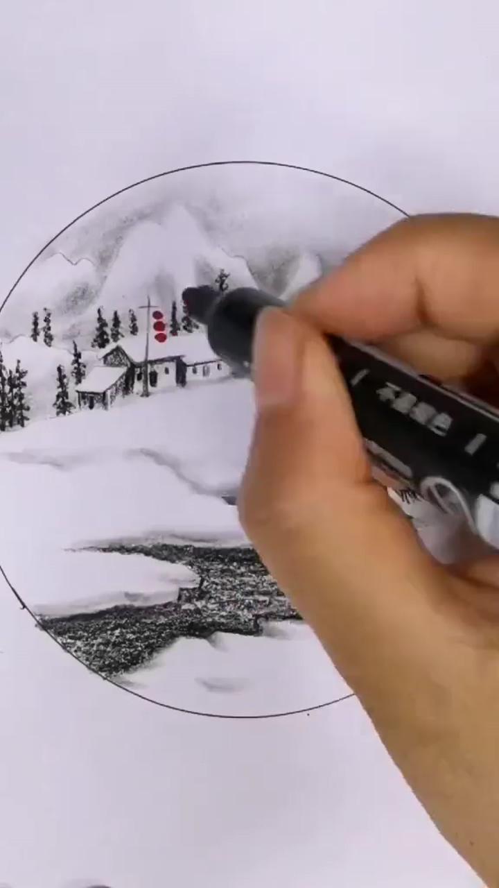 Snow in the river art | landscape pencil drawings