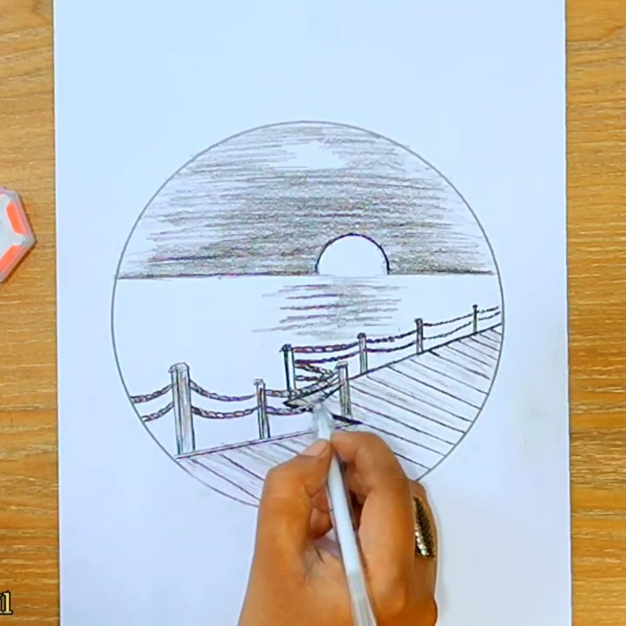 Sunrise scenery drawing | landscape pencil drawings