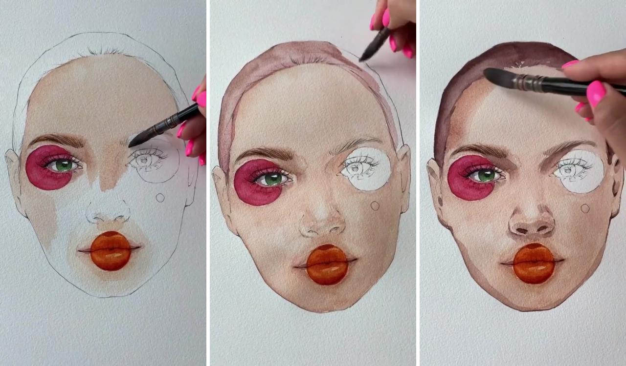 Watercolor drawing woman face portrait drawing | watercolor face painting easy