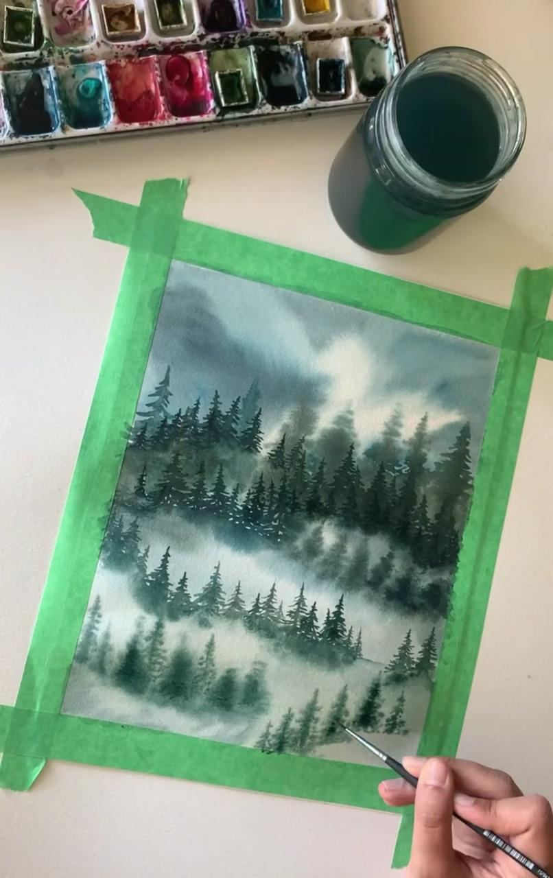 Watercolor misty pine trees - art video | diy watercolor painting