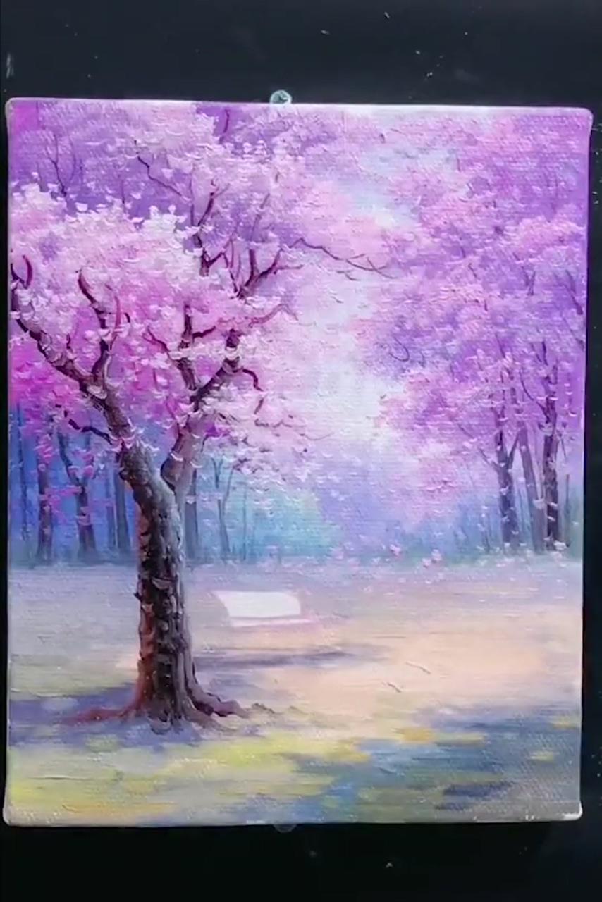 Beautiful cherry blossoms acrylic painting | overlooking old tree