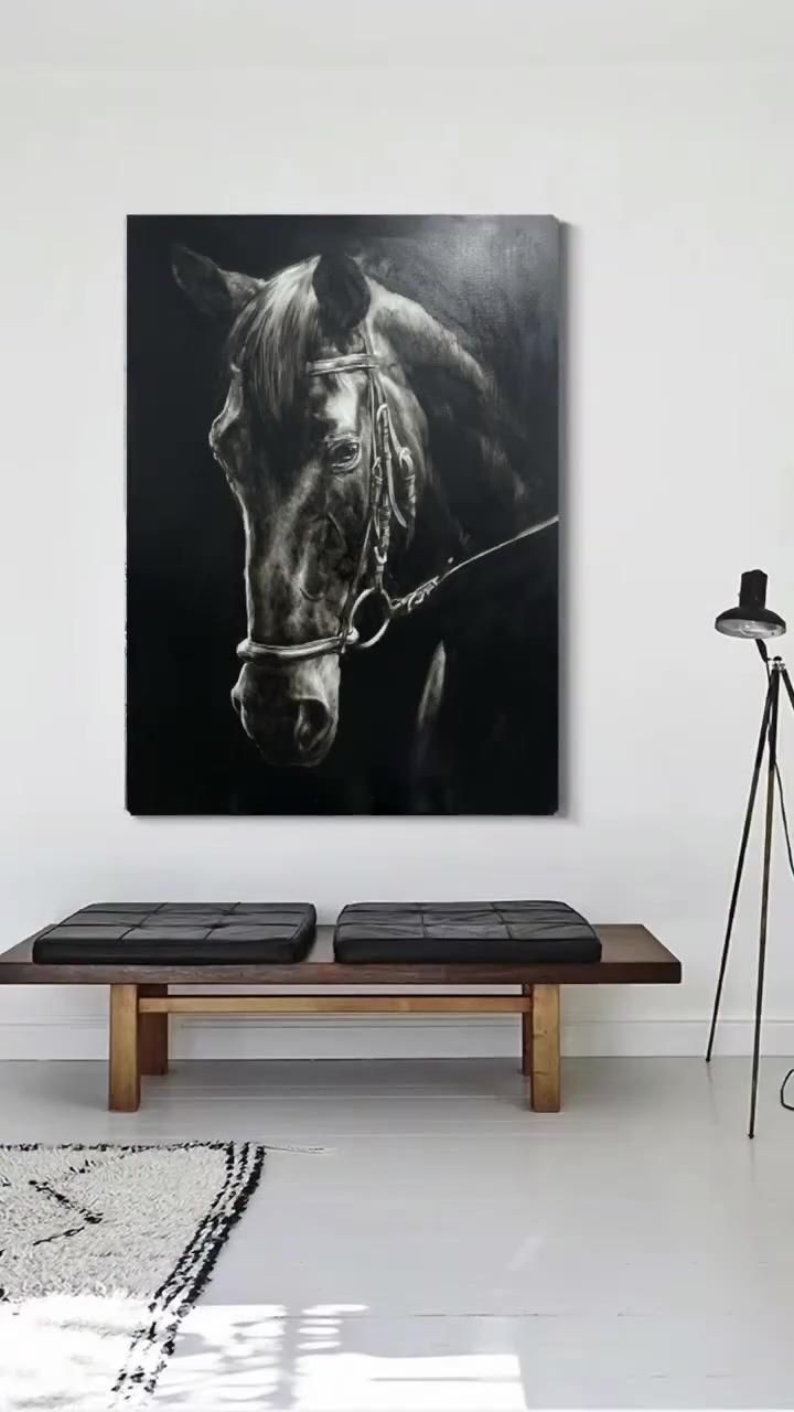 Black horse oil painting, modern wild horse canvas wall art for sale | cat painting