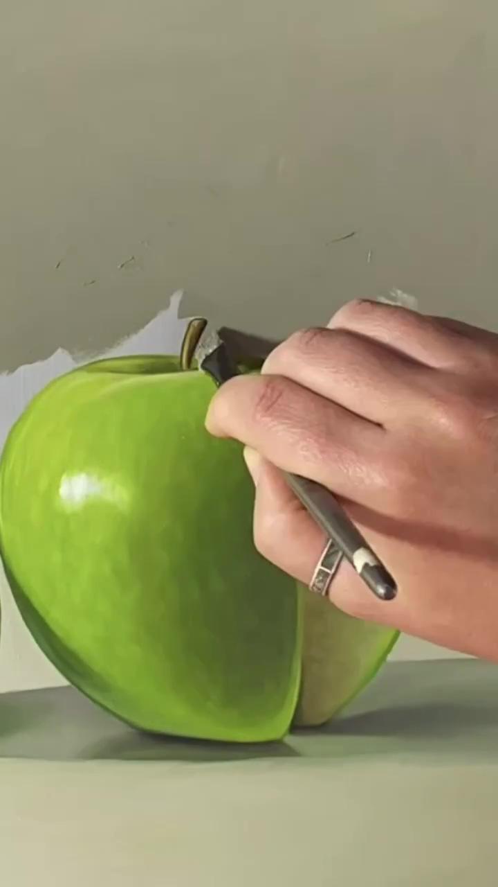 Green apple slice, oil painting demo | australian shepherd drawing