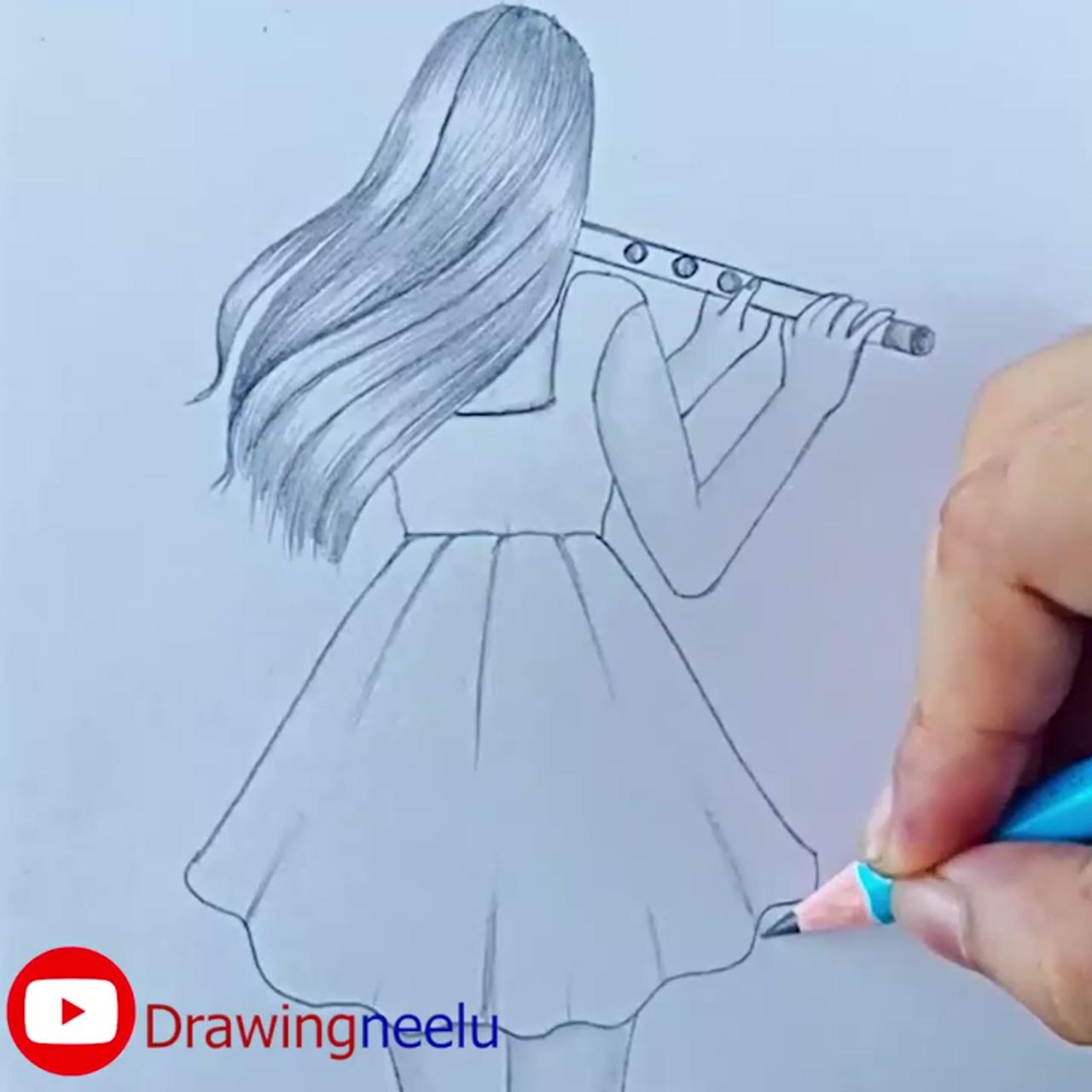 How to draw a girl plays the flute, step by step beginner drawing, easy pencil drawing tutorial | easy drawing beautiful dress backside, pencil sketch for beginner, simple drawing tutorial