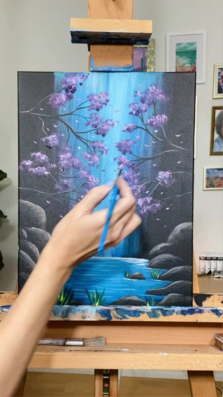Lavender falls easy paint and sip canvas acrylic painting idea for a waterfall | painting