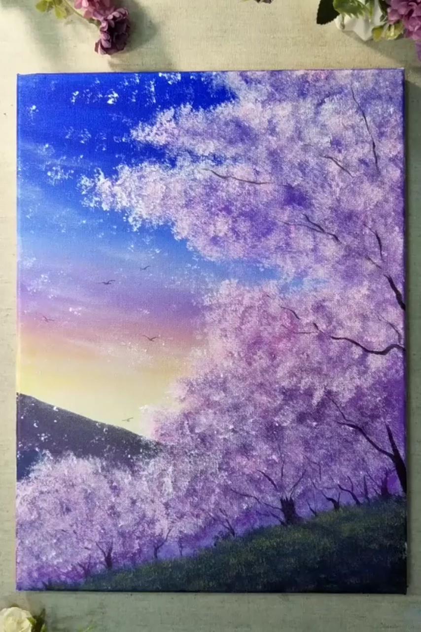 Painting a cherry blossom tree with acrylics in 10 minutes | painting a sunset over a lake with acrylics