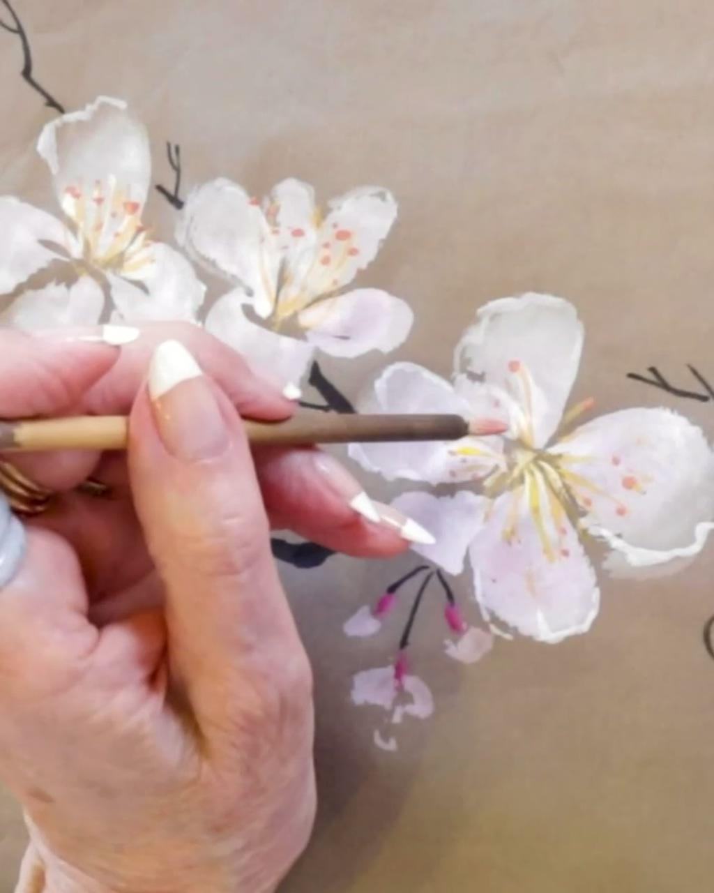 Painting cherry blossoms on colored xuan paper | floral painting videos