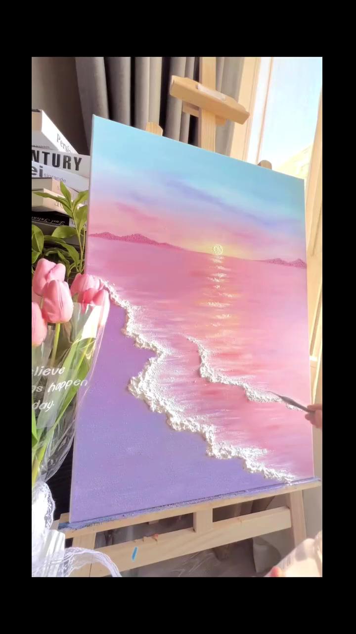 Pink beach ocean waves acrylic painting pink beach ocean waves wall art ocean waves textured canvas; landscape art painting