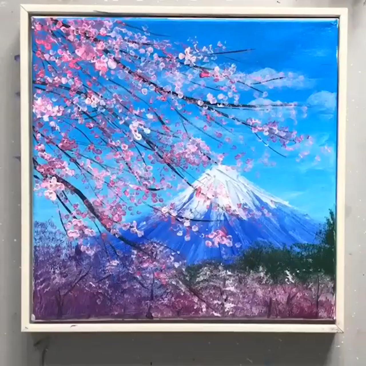 Sakura cherry tree and mount fuji | galaxy forest painting, acrylic painting tutorial
