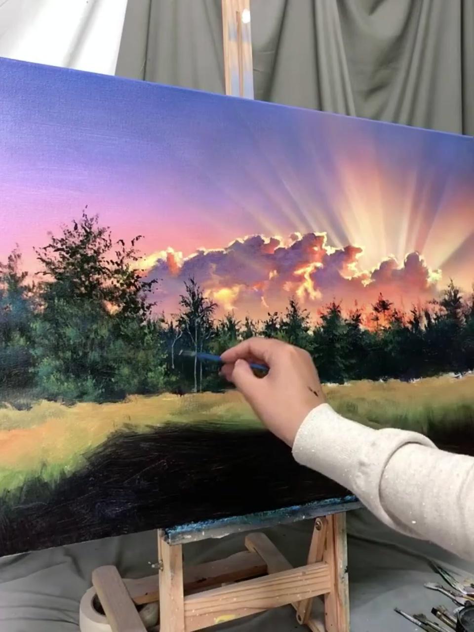 Sun in the clouds landscape, oil on canvas, acrylic; landscape art painting