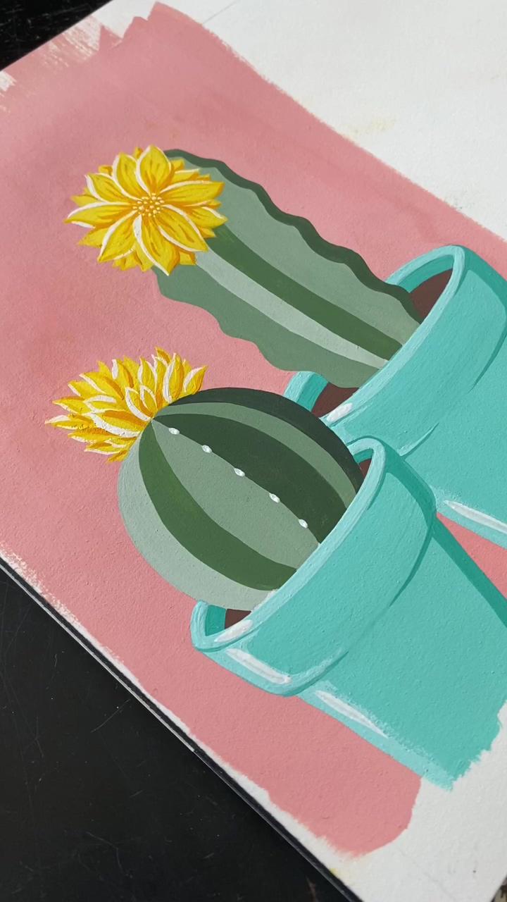 Two turquoise potted cacti painting by philip boelter | gouache painting a little cup of cacti