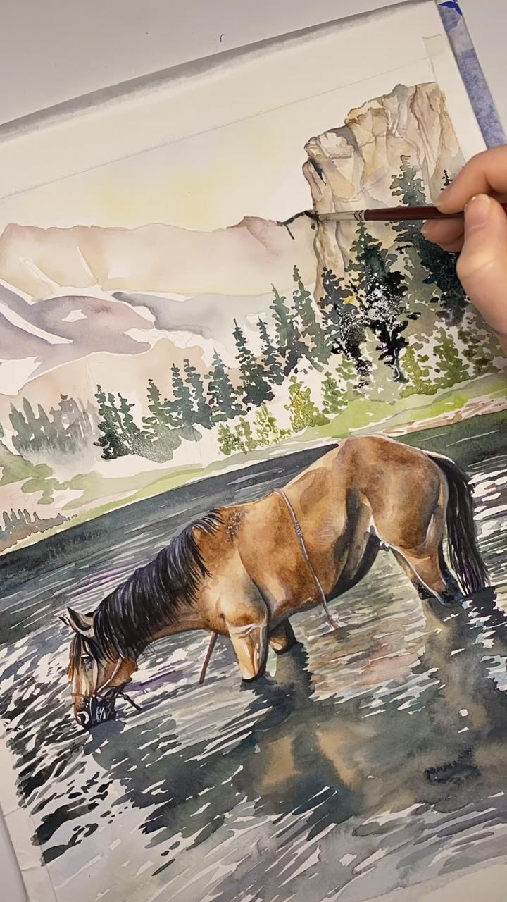 Watercolor horse landscape watercolor timelapse progress, art by emily lemoine | blue and yellow macaw in pastel