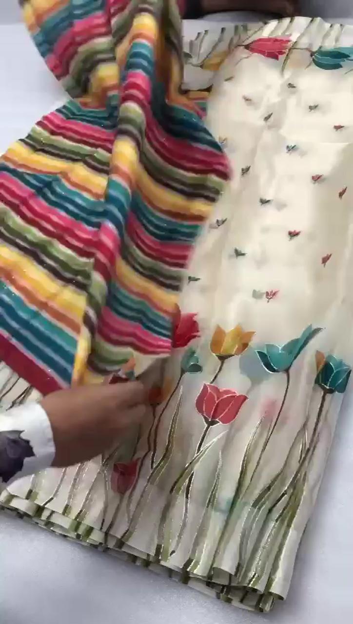  1050 organza silk printed saree; fabric colour painting
