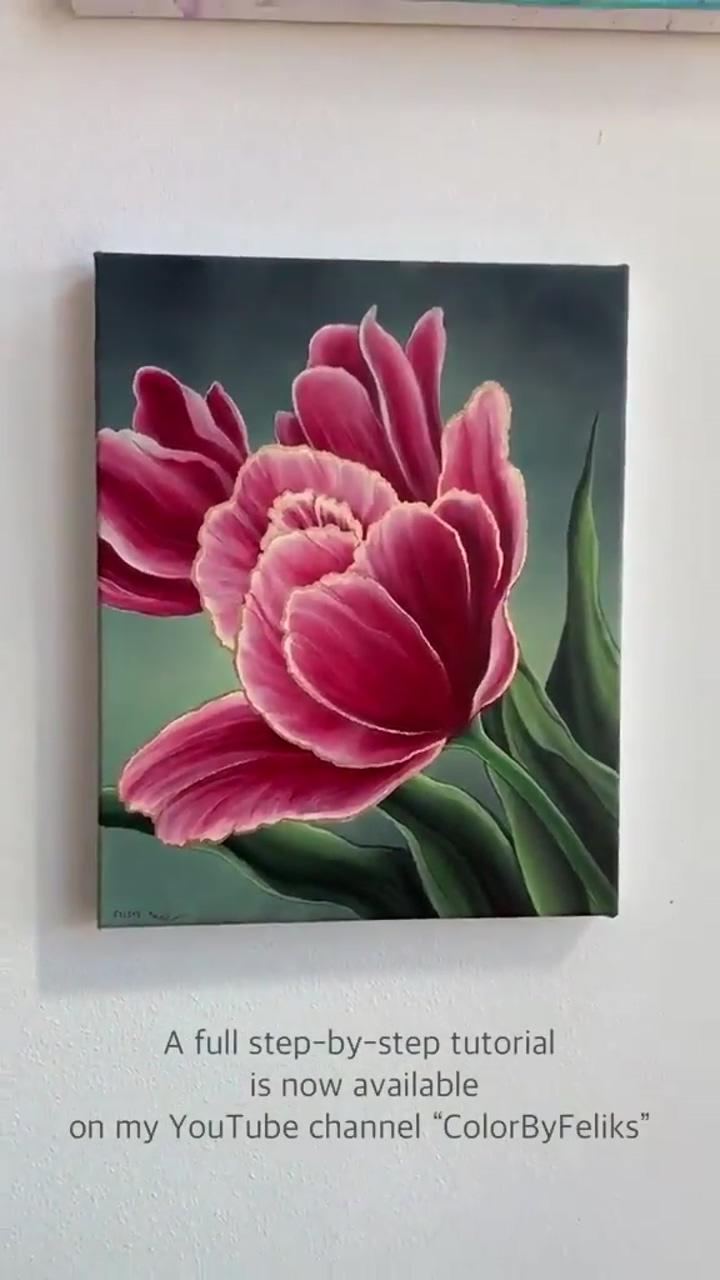 A step by step acrylic painting lesson of tulips with gold leaf | tulip painting