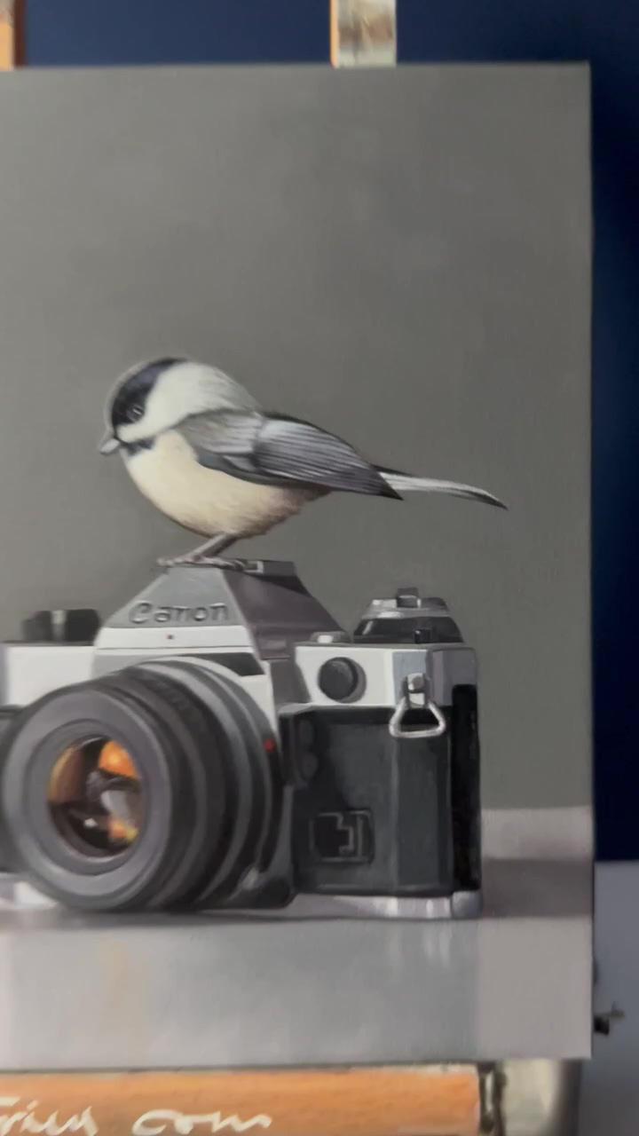 Chickadees and camera, original oil painting; oil painting demos