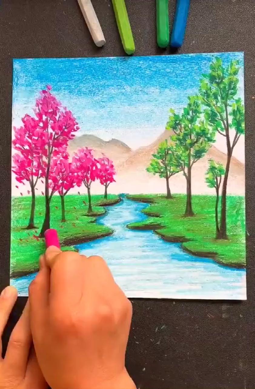 Crayon landscape; crayon painting