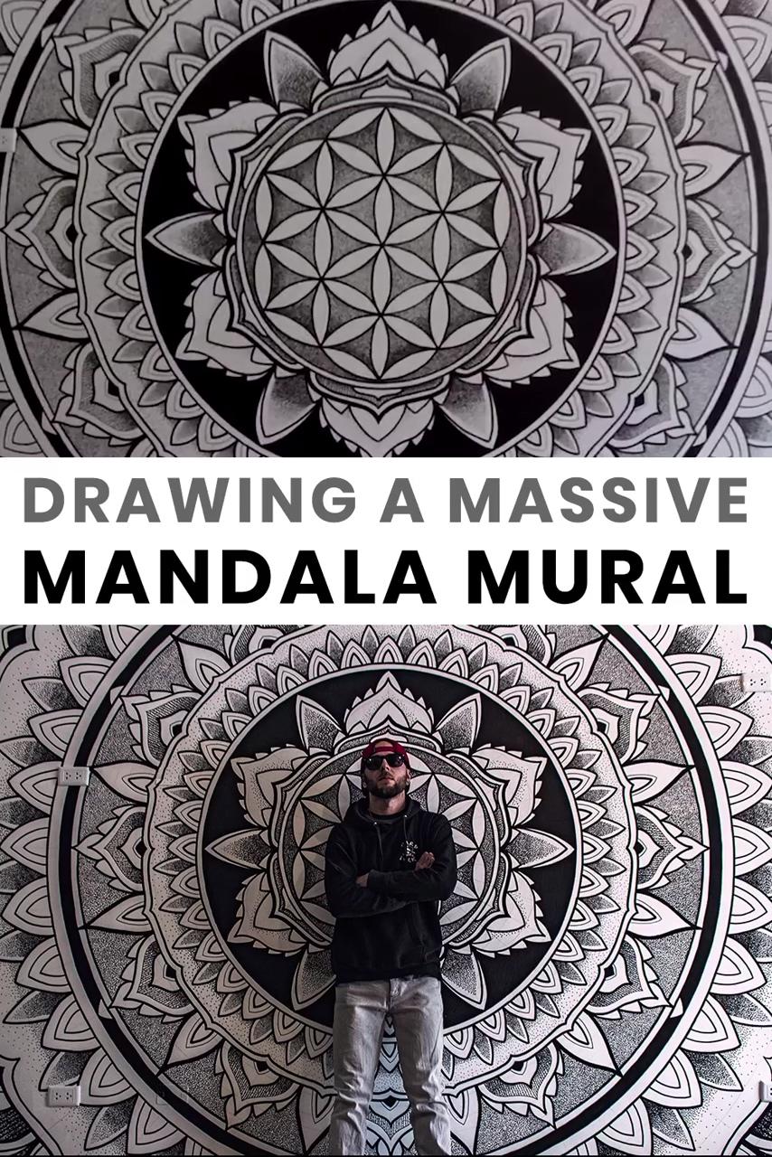 Drawing a massive mandala mural, sacred geometry art, dotwork, pointillism; mandala wall art murals