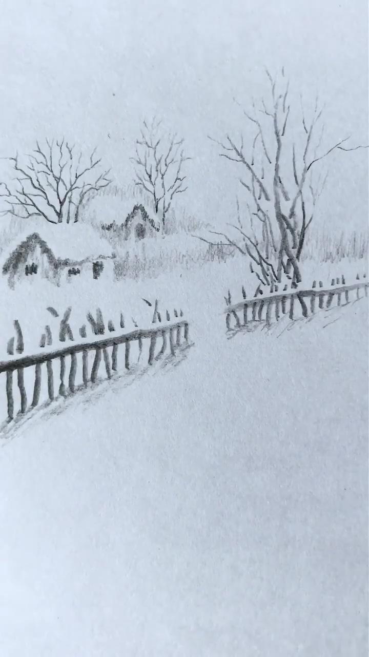 Easy winter landscape drawing; landscape drawing tutorial